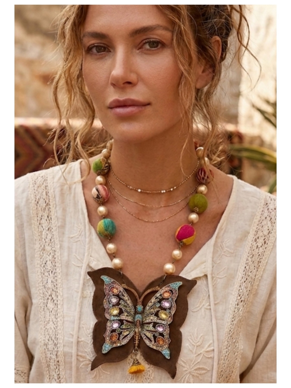Multicolor Butterfly Pendant Necklace with Beaded Accents - SET Price